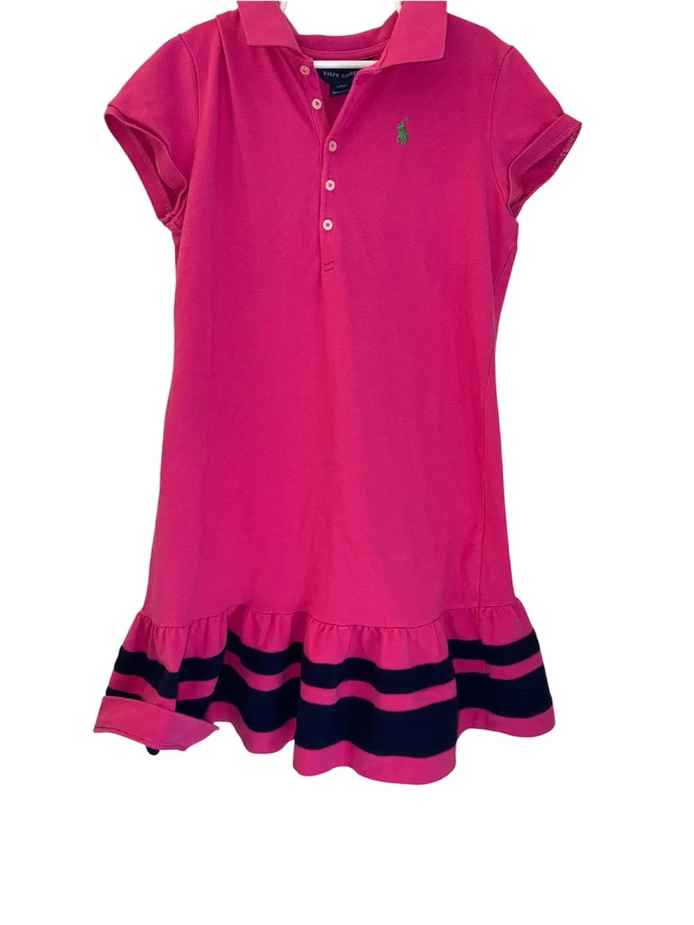 Ralph Lauren Girls' Hot Pink Polo Dress with Navy Stripe Hem, Tennis L 12/14